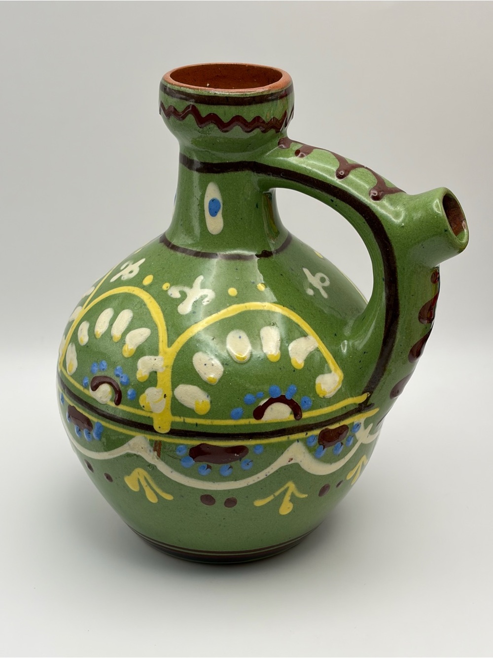 Vtg., 1965, MSSR*, Russian Folk Art, Red ware, Ceramic, Green Painted Water Jug